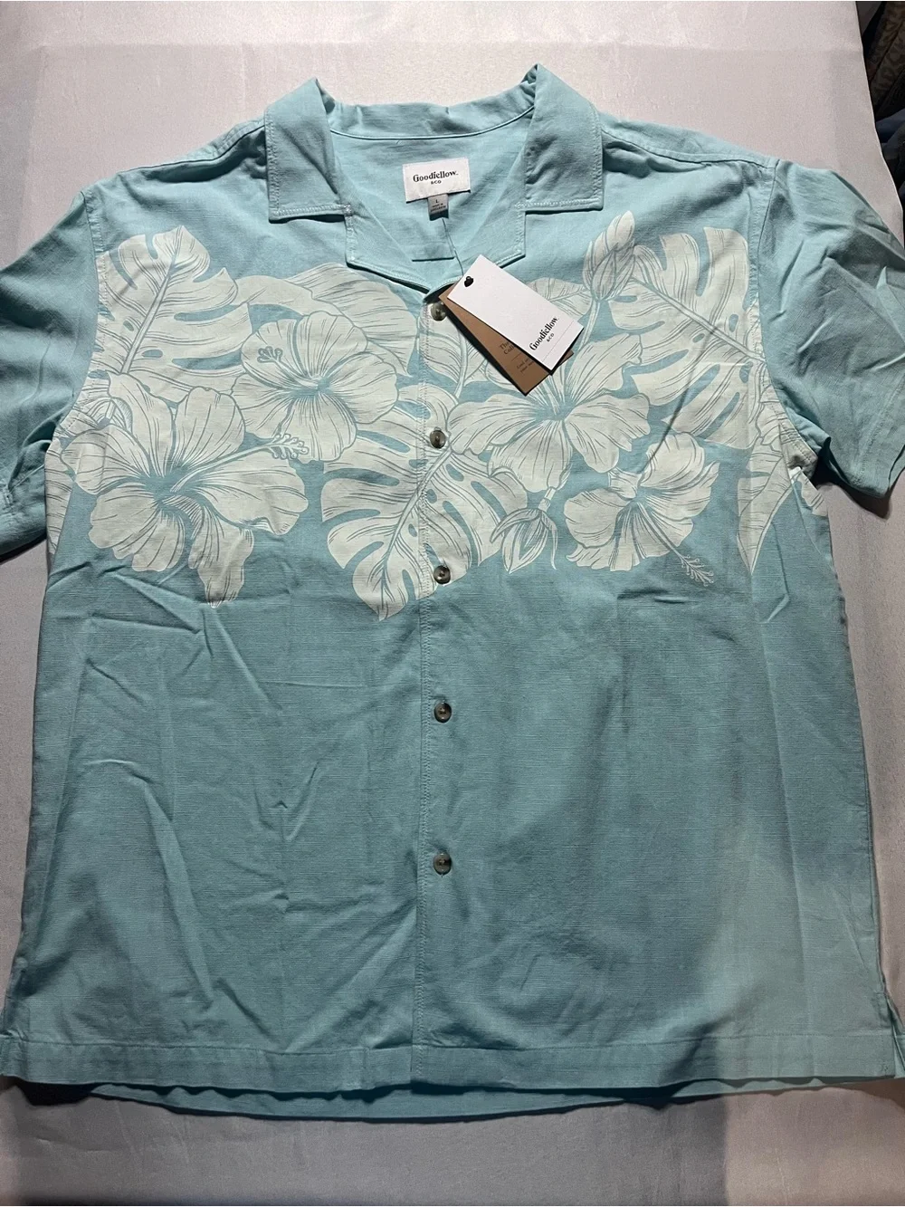 Goodfellow & Co Men’s Large Aqua Blue Tropical Button-Down Short Sleeve Shirt - Picture 2 of 7